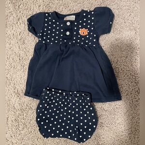 Navy Heart-Print Baby Dress & Bloomers with Auburn Logo